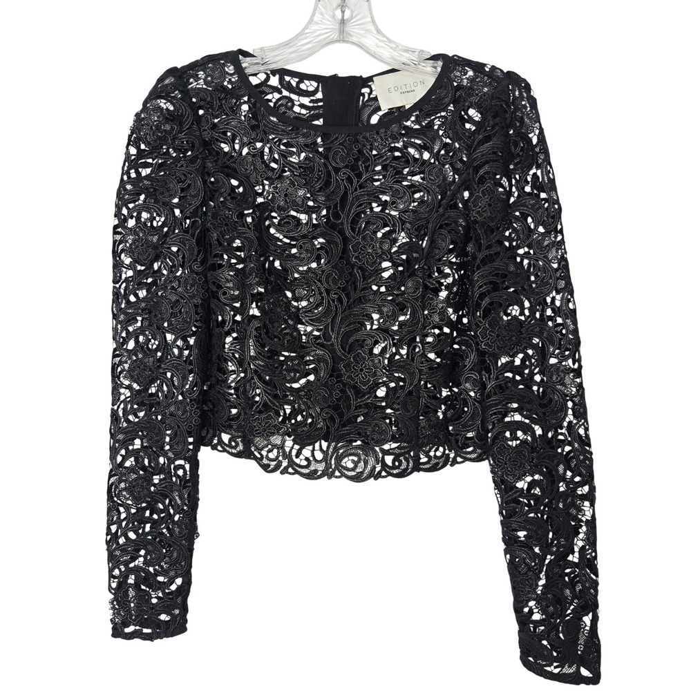 Edition‎ Express Black Lace Long Sleeve Cropped Zipper Back Women's Top Sz 0